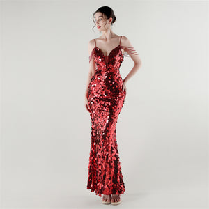 Draped Tassel Sequin Deep V Neck Backless Mermaid Evening Dress