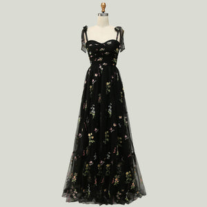 Elegant Tie Strap Colorful 3D Flower Embroidered Tulle Fairy Dress
