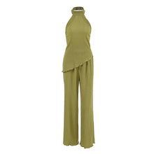 画像をギャラリービューアに読み込む, Green Sleeveless Halter Neck Top and Wide Leg Pants Two Piece Set
