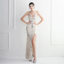 Load image into Gallery viewer, Positional Embroidery Sequin Beads Spaghetti Feather Long Slim Evening Dress
