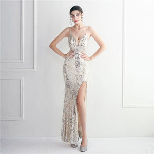 Positional Embroidery Sequin Beads Spaghetti Feather Long Slim Evening Dress