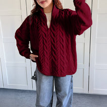 画像をギャラリービューアに読み込む, Zip Collar Cable Pattern Oversized Sweater
