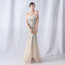 Load image into Gallery viewer, Ostrich Feather Positional Pattern Strapless Sequin Tulle Evening Dress
