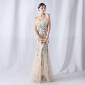 Ostrich Feather Positional Pattern Strapless Sequin Tulle Evening Dress