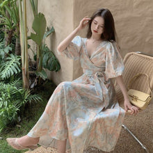Load image into Gallery viewer, Puff Sleeve Wrap and Tie Floral Slim Midi Dress
