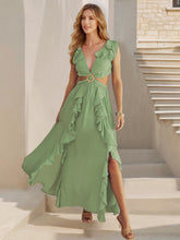 画像をギャラリービューアに読み込む, Backless V Neck Ruffle Slit Maxi Bohemian Dress
