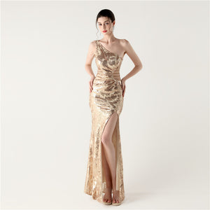 One Shoulder Cutout Slit Sequin Evening Dress