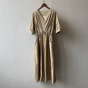 Vintage V Neck Ruched Midi Dress