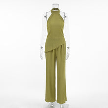 画像をギャラリービューアに読み込む, Green Sleeveless Halter Neck Top and Wide Leg Pants Two Piece Set
