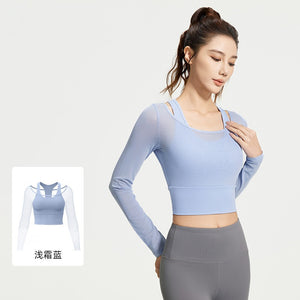 Women's Long Sleeve Workout Shirts - Breathable Mesh Yoga Top Built in Bra Slim Fit Athletic Wear