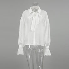 Load image into Gallery viewer, White Tie Bow Sexy Transparent Trumpet Sleeve Blouse
