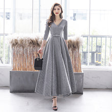 Load image into Gallery viewer, Silver Grey Cocktail Dress Banquet Elegant Midi Birthday Dress
