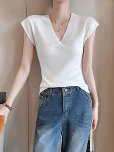ホワイト Vネック 半袖 ニットトップ アイスファイバー サマー フライングスリーブ Tシャツ