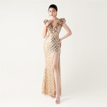 Load image into Gallery viewer, Scale Sequin Frilled Shoulder Sleeve Mermaid Evening Dress
