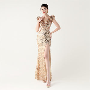 Scale Sequin Frilled Shoulder Sleeve Mermaid Evening Dress