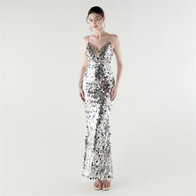 Load image into Gallery viewer, Draped Tassel Sequin Deep V Neck Backless Mermaid Evening Dress
