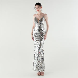 Draped Tassel Sequin Deep V Neck Backless Mermaid Evening Dress