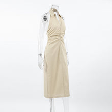 Load image into Gallery viewer, Khaki Cotton Linen Backless Halter Neck Midi Dress
