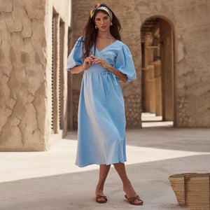 Cotton Puff Sleeve Wrap Tie Dress
