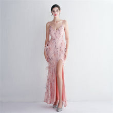 Load image into Gallery viewer, Positional Embroidery Sequin Beads Spaghetti Feather Long Slim Evening Dress

