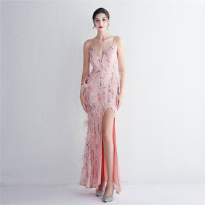 Positional Embroidery Sequin Beads Spaghetti Feather Long Slim Evening Dress