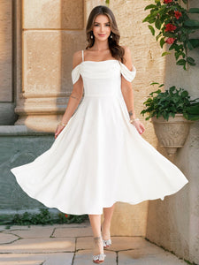 Ruched Spaghetti Off Shoulder A Line Midi Dress
