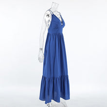 画像をギャラリービューアに読み込む, Blue Cotton Linen V Neck Spaghetti Backless Tiered Maxi Dress
