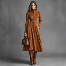 Laden Sie das Bild in den Galerie-Viewer, 2026 New Women's Vintage Suede Long Dress, Elegant Zip Front Fitted Waist Tie Long Dress for Fall Winter

