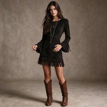 Load image into Gallery viewer, 2026 New Western Women Faux Suede Fringe Mini Dress, Flare Sleeve Slim Waist Y2K Hot Girl Long Sleeve Dress
