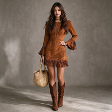 Load image into Gallery viewer, 2026 New Western Women Faux Suede Fringe Mini Dress, Flare Sleeve Slim Waist Y2K Hot Girl Long Sleeve Dress
