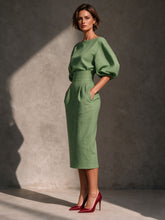 Load image into Gallery viewer, Spring Autumn Women Vintage Two Piece Outfit, Elegant Boat Neck Puff Sleeve Top &amp; High Waist Pleated A-Line Skirt Set
