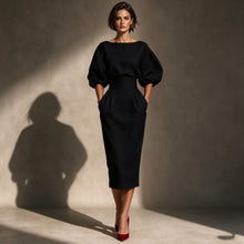 Load image into Gallery viewer, Spring Autumn Women Vintage Two Piece Outfit, Elegant Boat Neck Puff Sleeve Top &amp; High Waist Pleated A-Line Skirt Set
