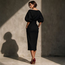 Load image into Gallery viewer, Spring Autumn Women Vintage Two Piece Outfit, Elegant Boat Neck Puff Sleeve Top &amp; High Waist Pleated A-Line Skirt Set
