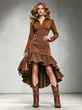 Laden Sie das Bild in den Galerie-Viewer, Women Western Faux Suede Dress, Lapel Fitted Irregular Ruffled High-Low Midi Dress
