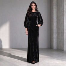 Load image into Gallery viewer, 2026 Fall Winter New Women Corduroy Maxi Dress, Round Neck Puff Long Sleeve Slim Fit Evening Long Dress With Pockets, Elegant Formal Dress
