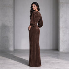 Load image into Gallery viewer, 2026 Fall Winter New Women Corduroy Maxi Dress, Round Neck Puff Long Sleeve Slim Fit Evening Long Dress With Pockets, Elegant Formal Dress
