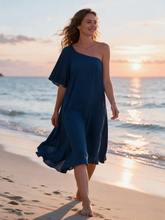 Carica l'immagine nel visualizzatore di Gallery, Abito casual da spiaggia svasato oversize con monospalla e maniche corte in vera seta
