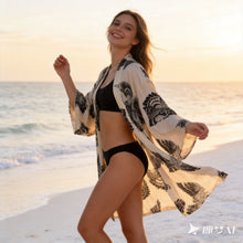 Laden Sie das Bild in den Galerie-Viewer, Printed Eagle Pure Silk Three Quarter Sleeve Loose Kimono Beachwear Bikini Cover Up
