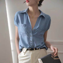 Load image into Gallery viewer, Woman Short Sleeve Tencil Denim Shirt
