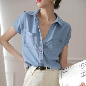 Woman Short Sleeve Tencil Denim Shirt