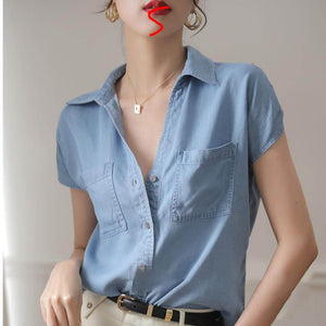 Woman Short Sleeve Tencil Denim Shirt