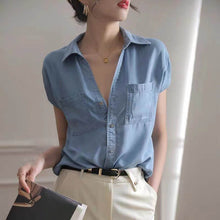 Load image into Gallery viewer, Woman Short Sleeve Tencil Denim Shirt
