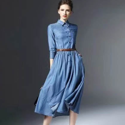 Long Sleeve Tencil Denim Double Breasted Midi Flare Dress