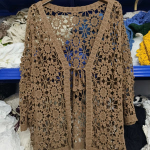 長袖花柄クロシェカーディガン