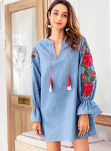 Load image into Gallery viewer, Women Embroidered Lantern Sleeve Denim Tassel Drawstring Loose Dress
