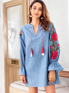 Women Embroidered Lantern Sleeve Denim Tassel Drawstring Loose Dress