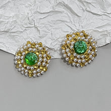 Load image into Gallery viewer, Mediaeval Elegant Green Water Drop Colored Glaze Earrings Classic Vintage Gilded Square Crystal Ear studs
