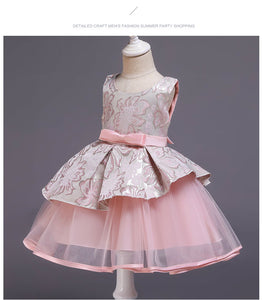 90-140cm 子供用 女の子 プリンセス パフィードレス ジャカード フラワーガールドレス