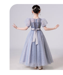 120-170cm Sequin Puff Sleeve Long Tulle Flower Girl Dress