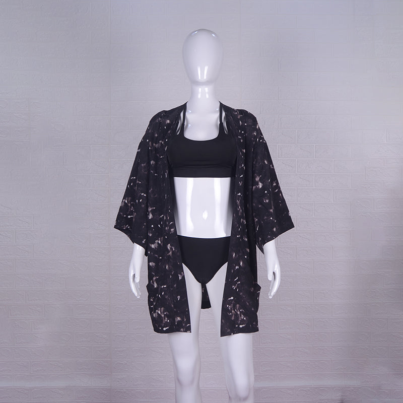 Copricostume da spiaggia con kimono a maniche a tre quarti con stampa geometrica tie-dye